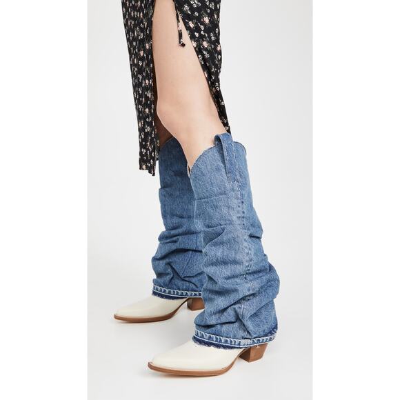 R13 Mid Cowboy Boots with Denim Sleeve Shaft Indigo Blue Ivory Size 38 NIB $1395 - Picture 1 of 16